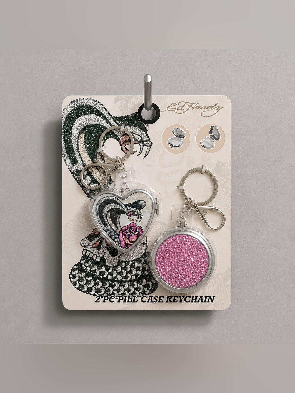 Ed Hardy 2 Pc Pill Case Keychain Set Heart Pink Rhinestone